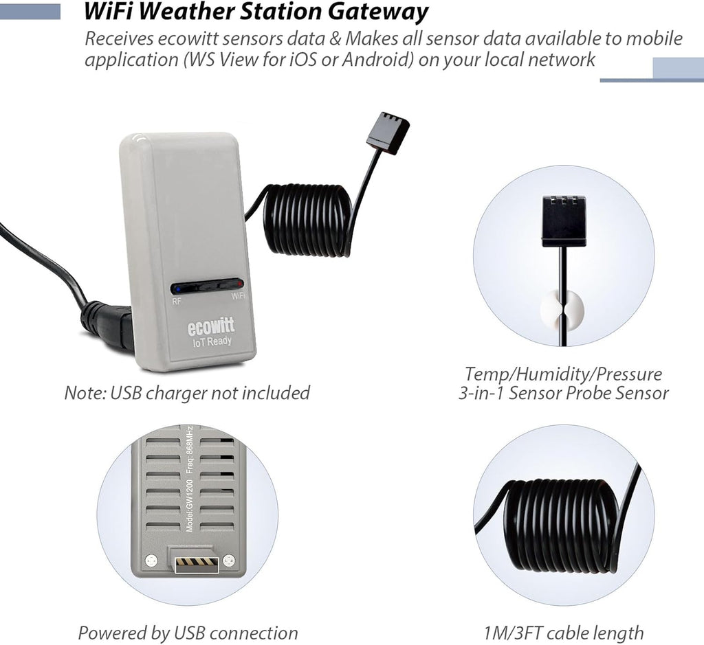 ECOWITT GW1206 Soil Moisture Tester Kit, Includes GW1200 IoT Wi-Fi Gateway and WH51 Soil Moisture Sensor, 915 MHz