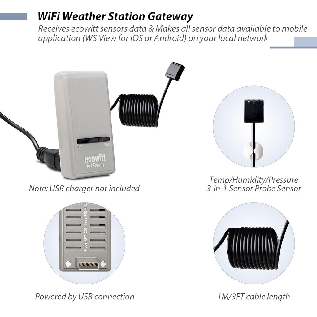 ECOWITT Wi-Fi Gateway Weather Station, with Built-in Temperature, Humidity, and Barometric Sensors, IOT Ready, Supports Ecowitt Sensors Developed, USB Power, 915 MHz