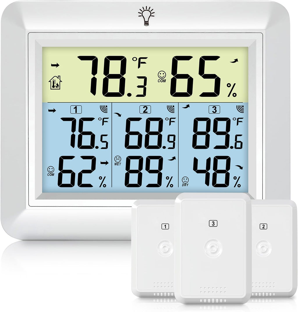 Urageuxy Weather Station Wireless Indoor Outdoor Thermometer with 3 Sensors, Remote Temperature Monitor with Humidity for Home, Baby Nursery, Room, Attic, Patio