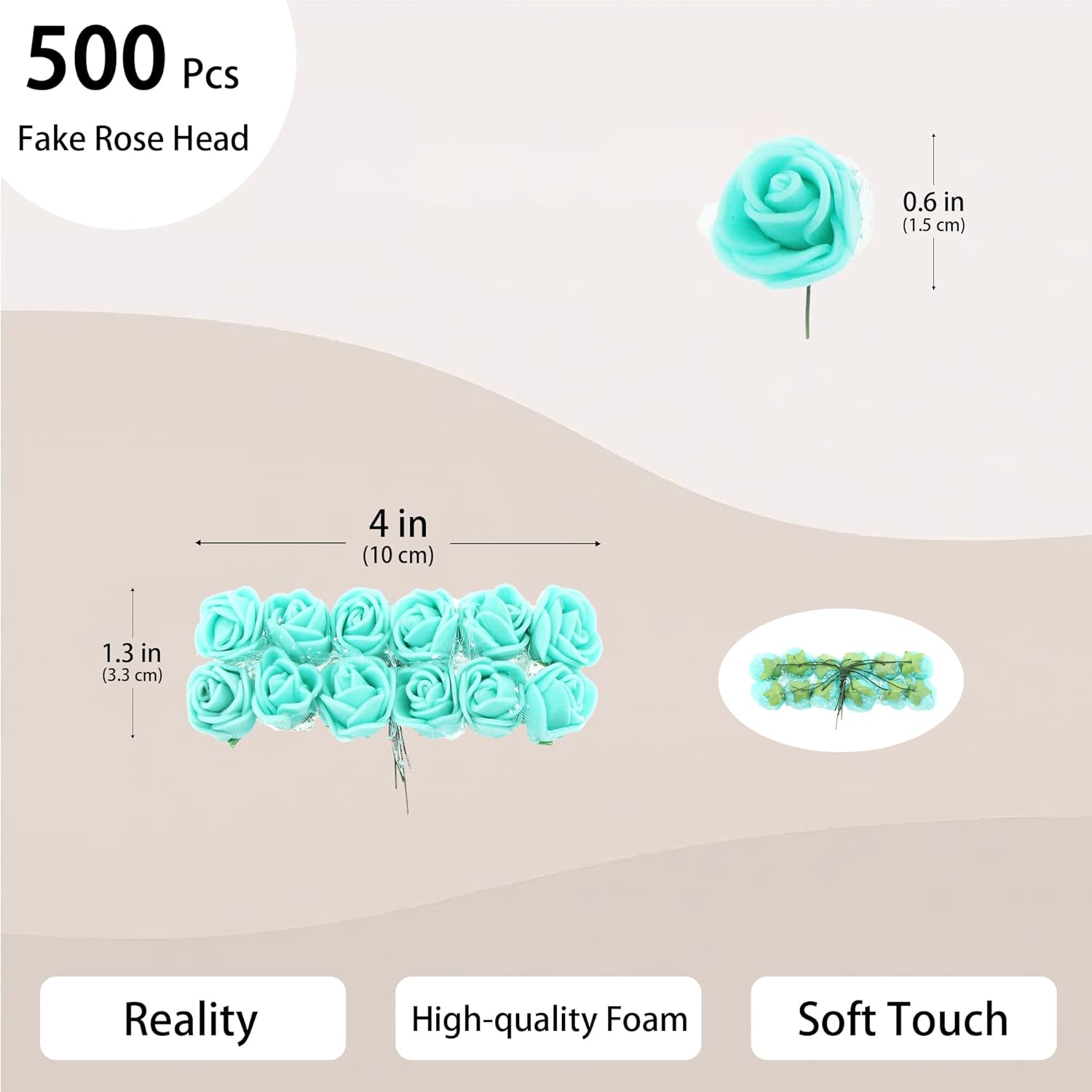 500 Pcs 0.6 Inch Mini Artificial Flowers Head Bulk 5 in 1 Set Faux Foam Fake Small Rose Tiny Baby Flores Bouquet Wreath Gift Hair Clip Home Decoration DIY Craft (Teal Green)