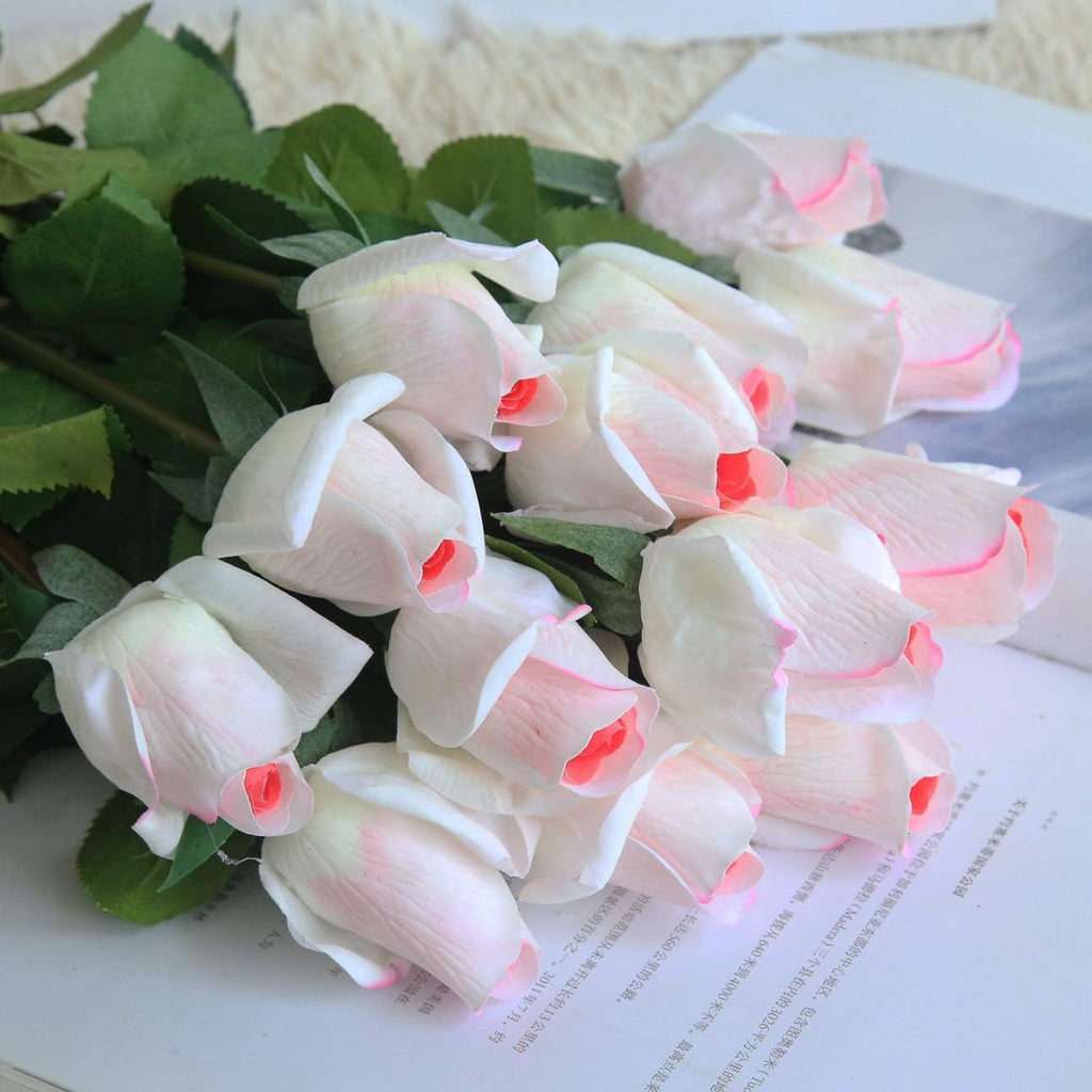 12pcs Real Look Artificial Rose Buds, 22 Inch Real Touch Silk Rosebud, Realistic Design Artificial Flower with Real Feel Petals,Silk Flower Bud for Wedding Home Décor,White with Pink Heart