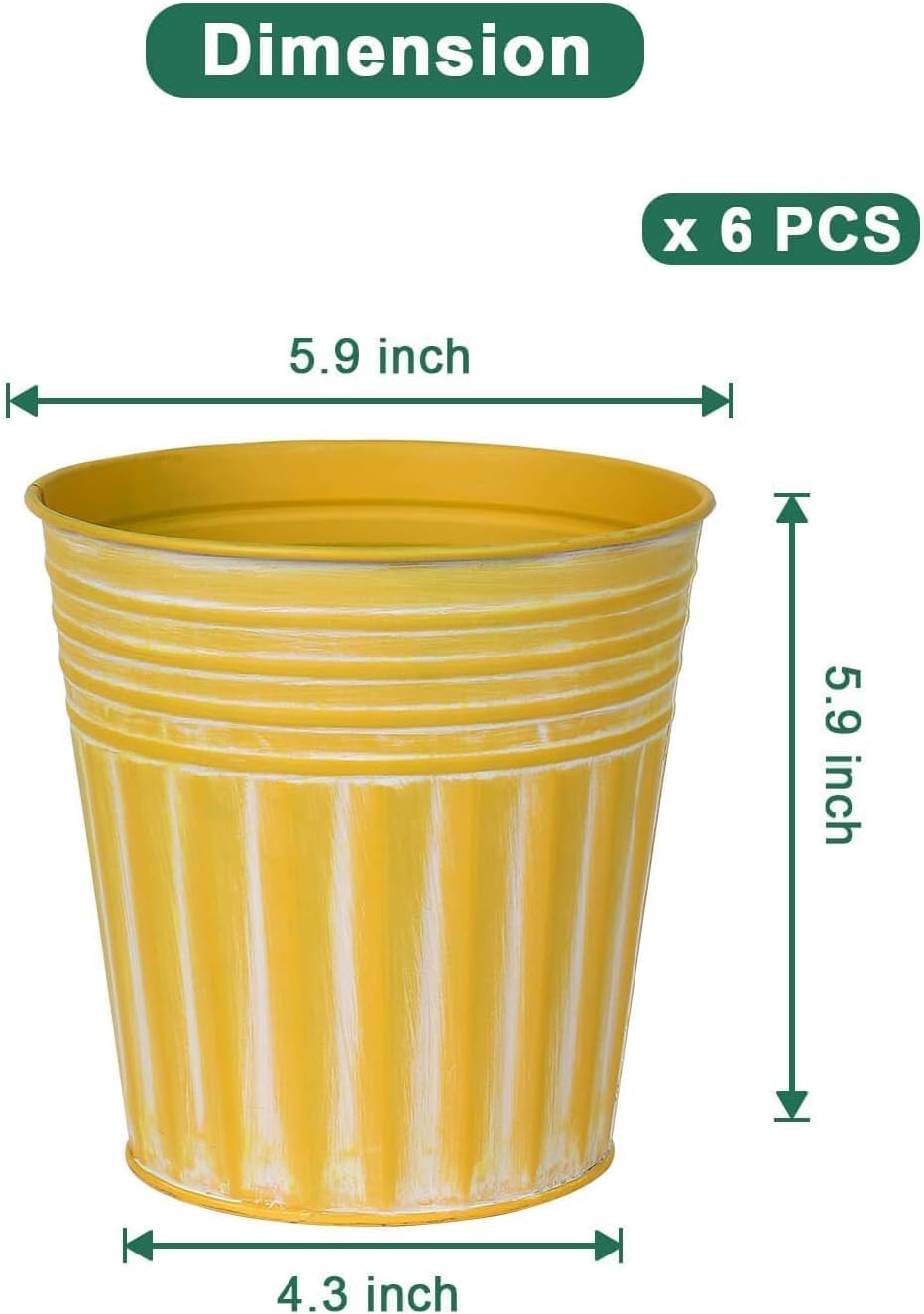 6 Inch Yellow Metal Rustic Flower Pots - 6Pcs Galvanized Planters with Drainage Hole and Rubber Plug, Rustproof Metal Bucket Plant Pots Farmhouse Vintage Style for Decor