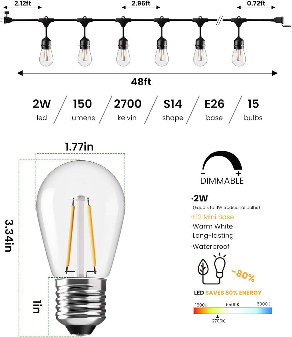 Svater 192 FT Outdoor String Lights 2W, Patio Light for Outside with 64 Antique S14 Plastic LED Bulbs, IP65 Waterproof Hanging Cafe Market Lighting, ETL-Listed Dimmable Warm White (48 FT x 4)