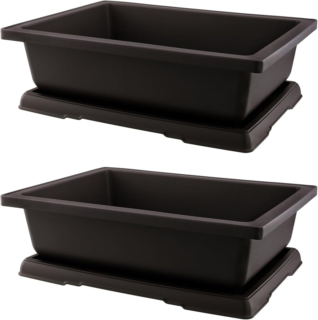 2 PCS 14 Inches Plastic Bonsai Training Pots, Rectangular Bonsai Tree Pots with Trays, Large Plastic Bonsai Container for Indoor, Outdoor