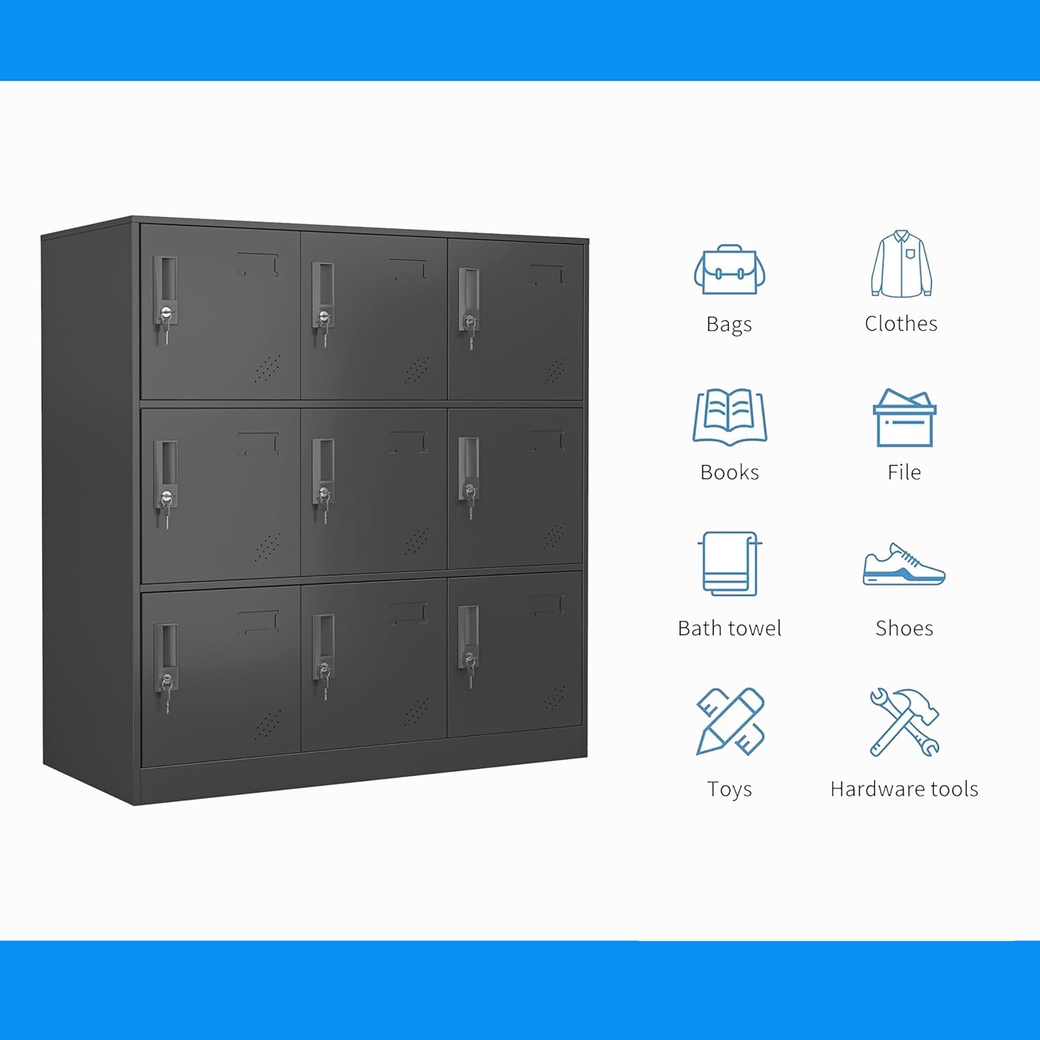 9 Door Metal Storage Locker for Employee,School,Office,Gym,Garage,Locker Cabinet with Lock and Card Slot (9 Door, Black)