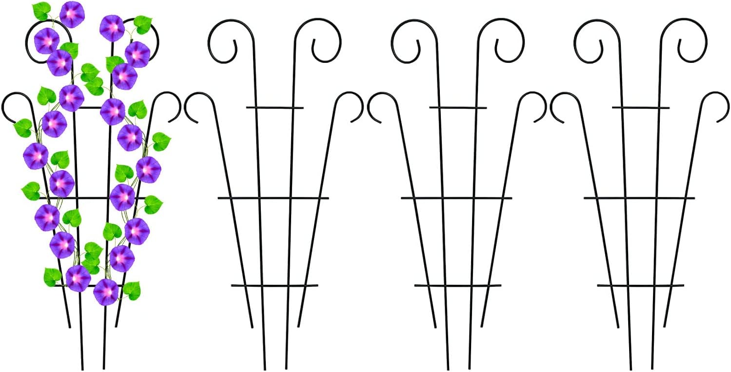 4 Pack 23'' Metal Garden Trellis for Climbing Plants Outdoor, Indoor Plant Trellis Support for Potted Plants, Rustproof Pot Trellis for Houseplant Flower Vines Ivy, Wave Shape, Black