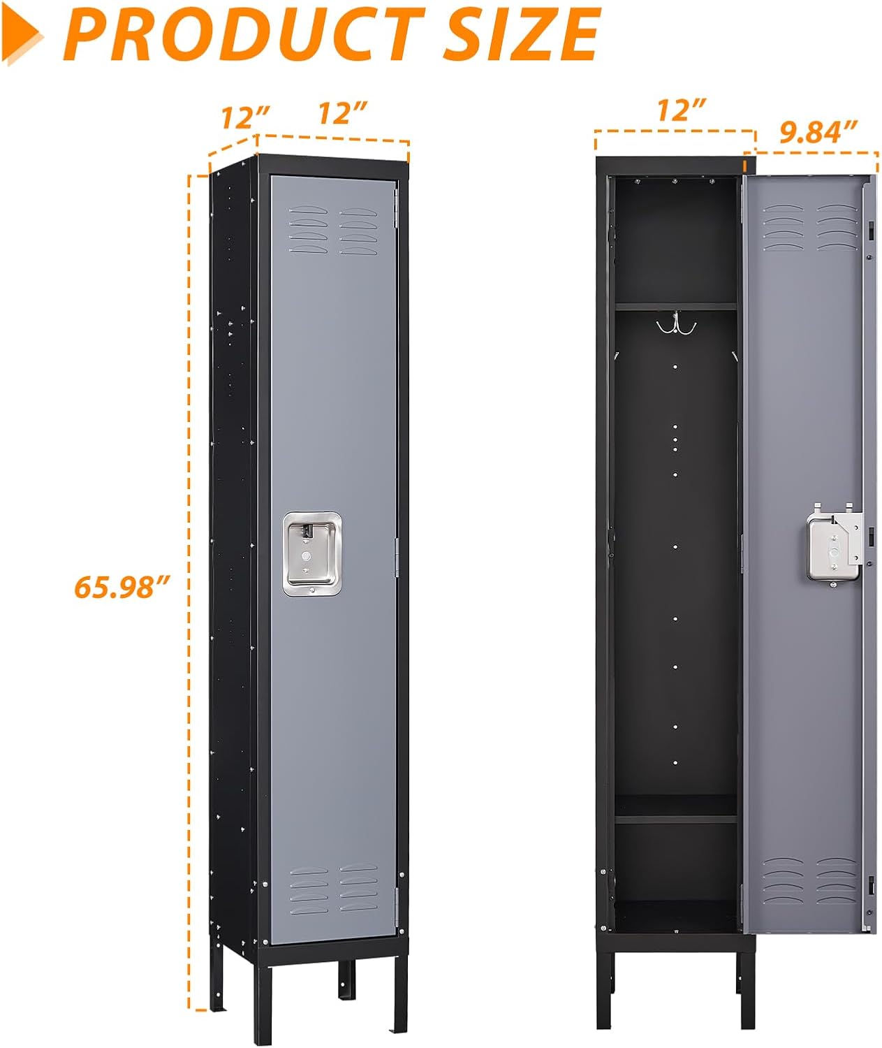 Metal Locker for Home, Dressing Room, Gym, 65.98" Steel Storage Lockers for Employees, Lockable Locker Cabinet with 1 Door (Grey Black)