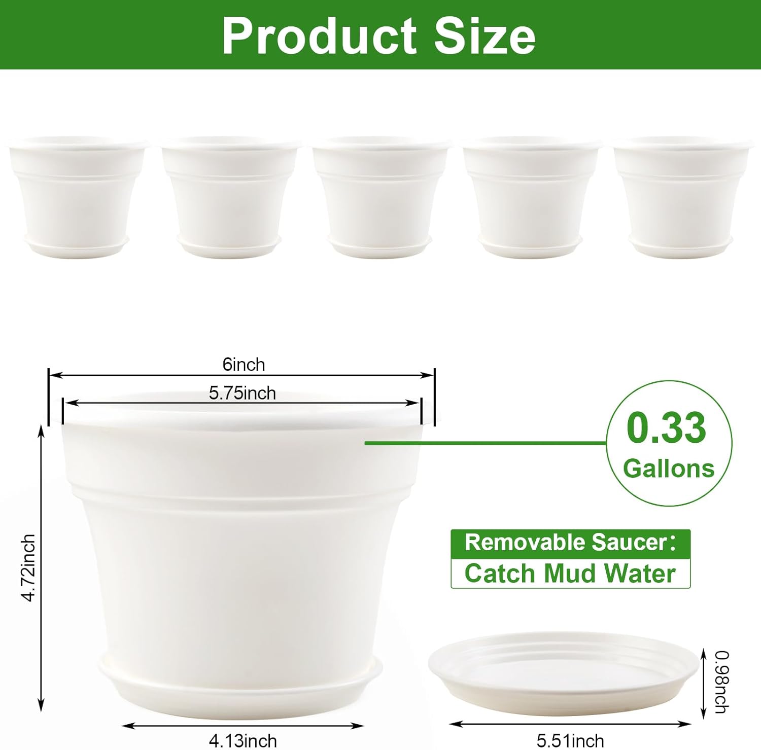 6 Inch Plastic-Flower Pot-for-Indoor Plants, 6 Pack Outdoor Plant Pots with Drainage Holes & Saucers, Resin Garden Pots Planters