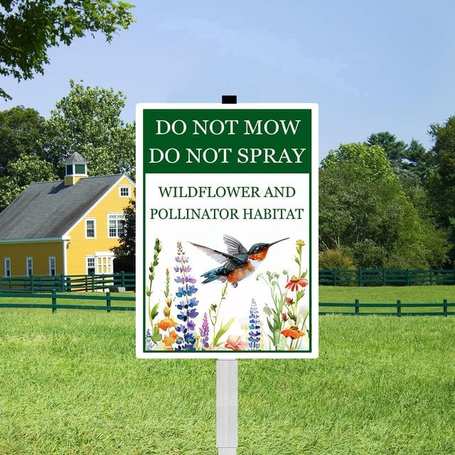Do Not Mow Do Not Spray Wildflower and Pollinator Habitat Yard Sign With Stakes 7x9.8 inches Rustproof Reflective Aluminum Pollinator Friendly Garden Sign Stand Outdoor