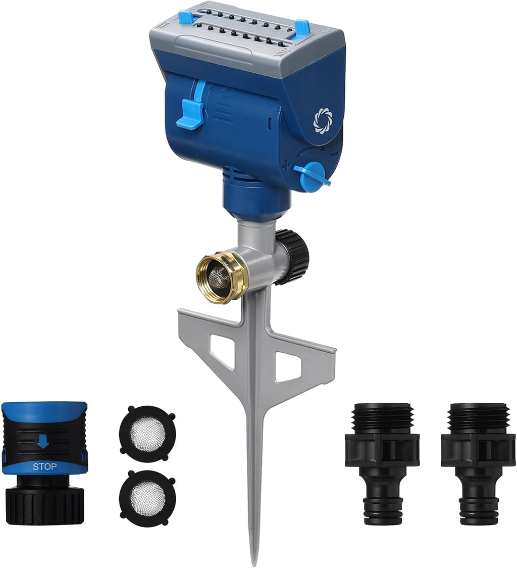 Airthereal Oscillating Sprinkler with Metal Step Spike and Quick Connect Adapter Set, Control Watering Range, Width, and Flow Rate, Covers up to 4,069 sq.ft., Blue