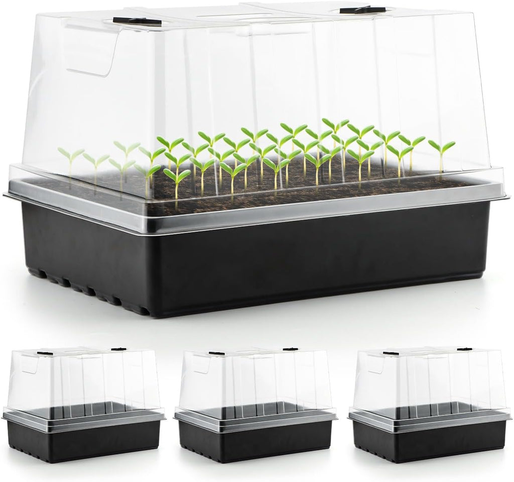 12-Pack Seed Starter Trays with 5'' Tall Humidity Domes – Thick Plastic, Reusable Seedling Tray with Clear Lids for Strong Plant Germination, Ideal Microgreen Growing Trays for Faster Seed Propagation