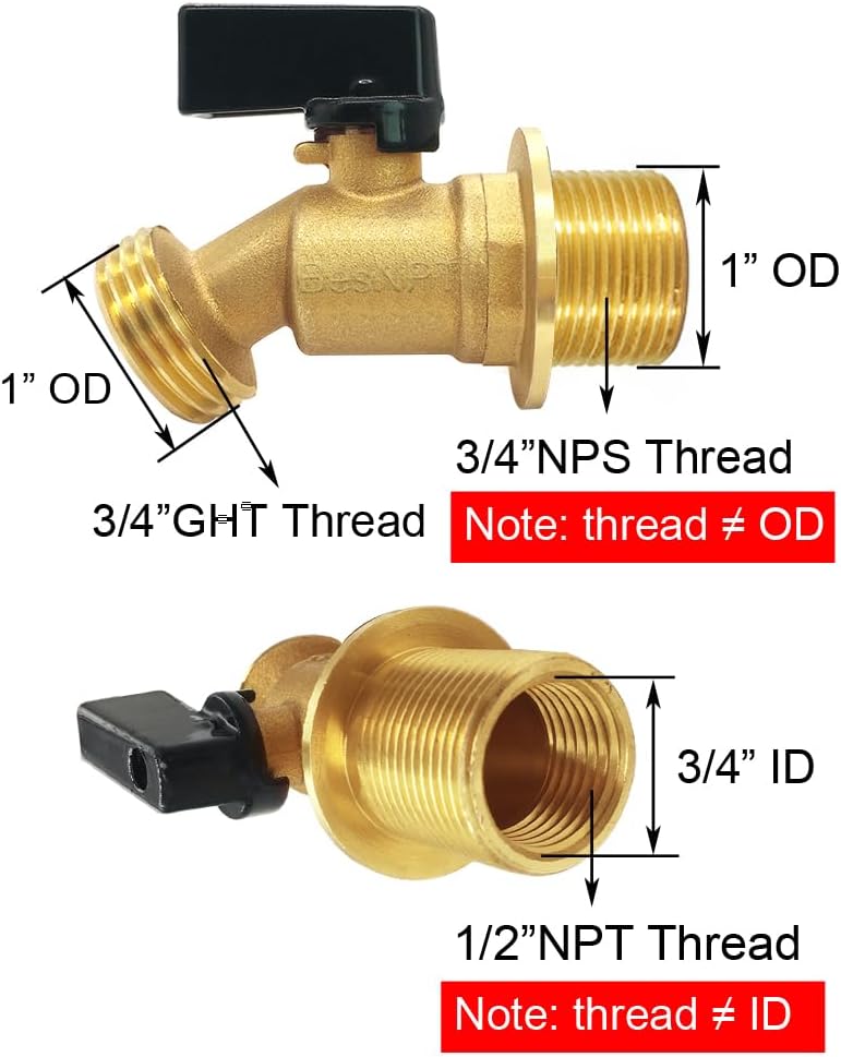 Brass Rain Barrel Spigot Water Tank Faucet, 3/4" NPS Male Inlet to 3/4" GHT Male Outlet, Quarter Turn Bulkhead Ball Valve