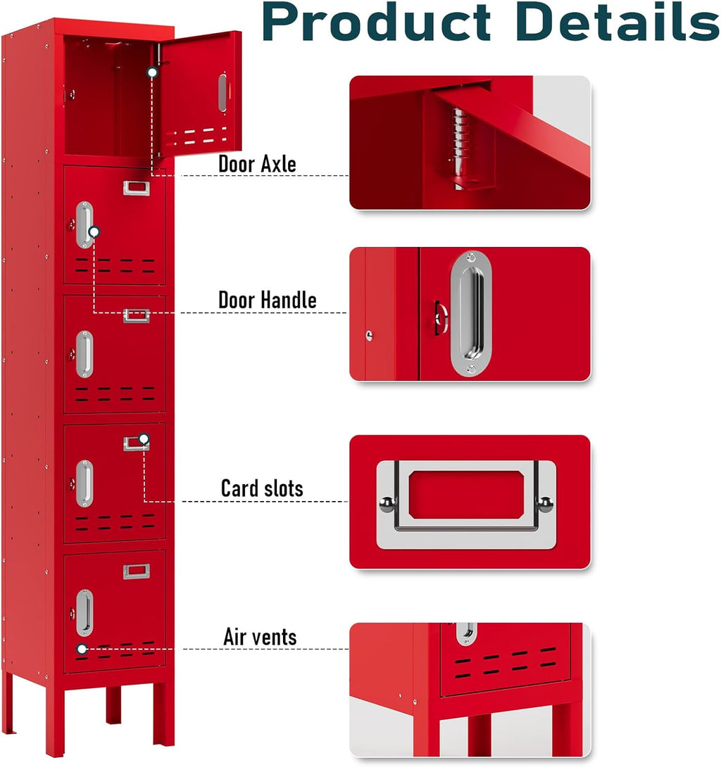 Metal Lockers - 66" Height Steel Lockers for Employees with 5 Door Storage Locker with Card Slot for Employees Gym School Home Office Garage - Assembly Required