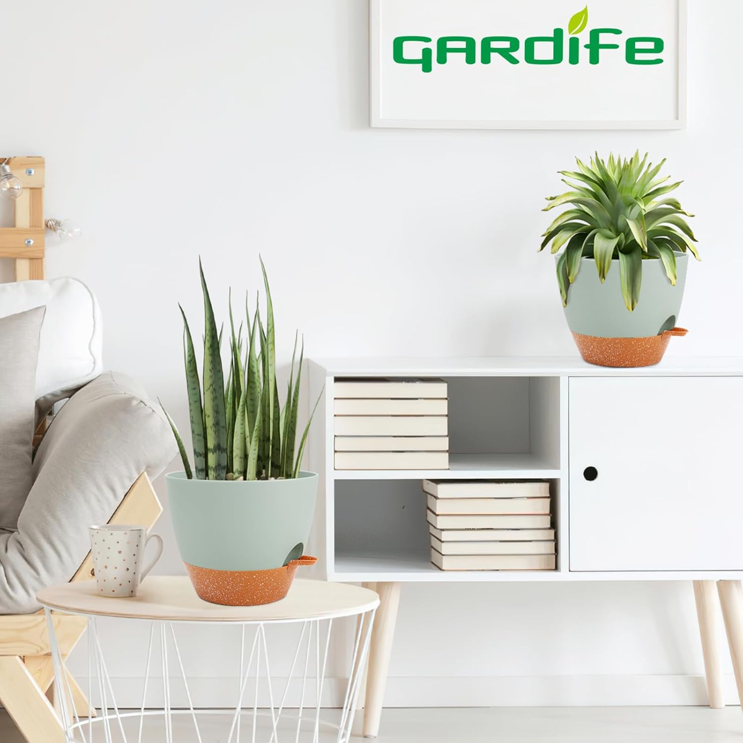 GARDIFE 10 inch Plant Pots,Self Watering Pots, 2 Pack Flower pots, Large Plastic Planters with Deep Reservior and High Drainage Holes for Indoor Outdoor Plants and Flowers, Green