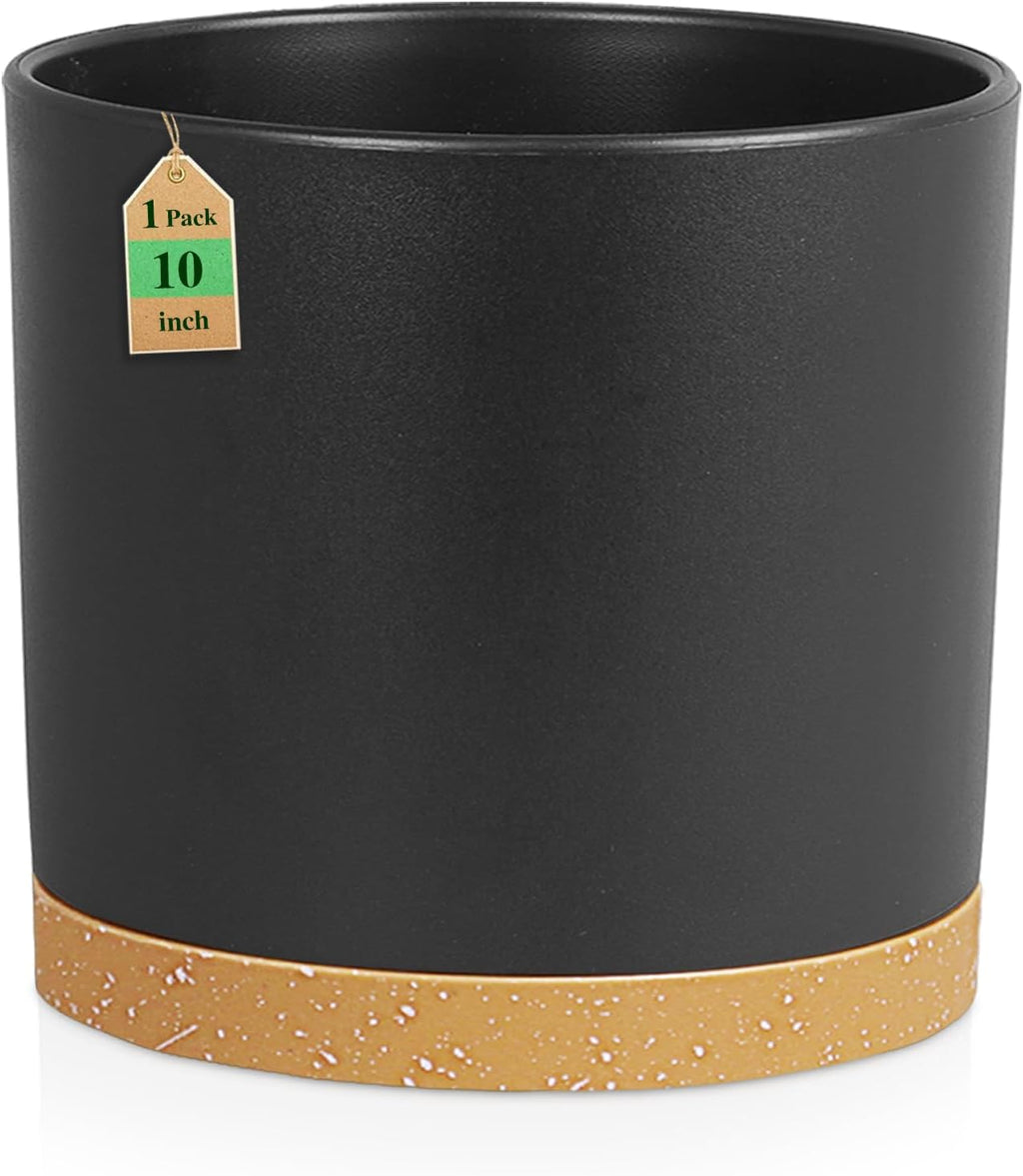 10 Inch Large Deep Plant Pots for Indoor Outdoor, Tall Cylinder Flower Pots with Drainage Holes & Saucer, Big Plastic Planter Pots for Garden House Plants, Black with Brown