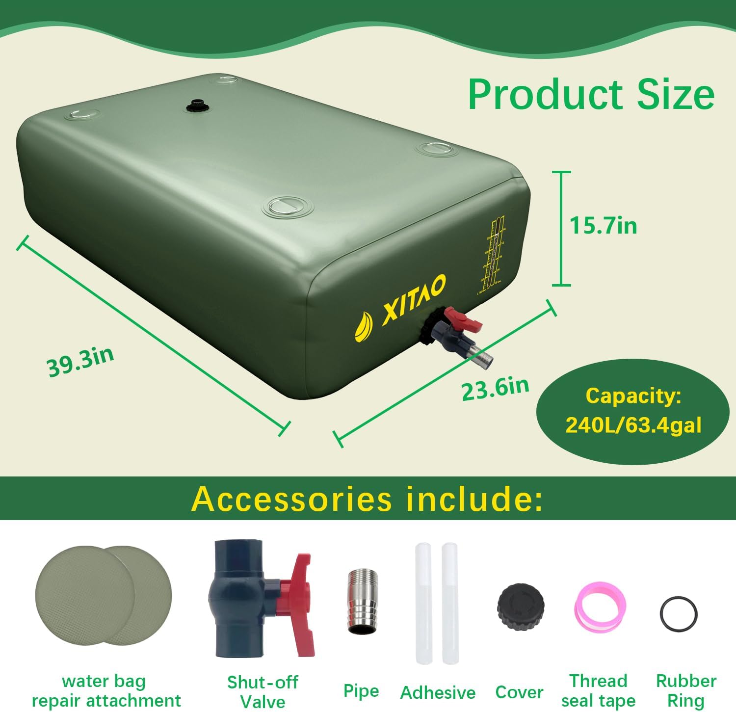 XITAO Water Storage Bladder w/Water Level Indicator, Large Capacity Foldable Water Storage Containers, Portable Emergency Water Tank Water Bag for RVs, Fire Prevention, Irrigation (63Gal)