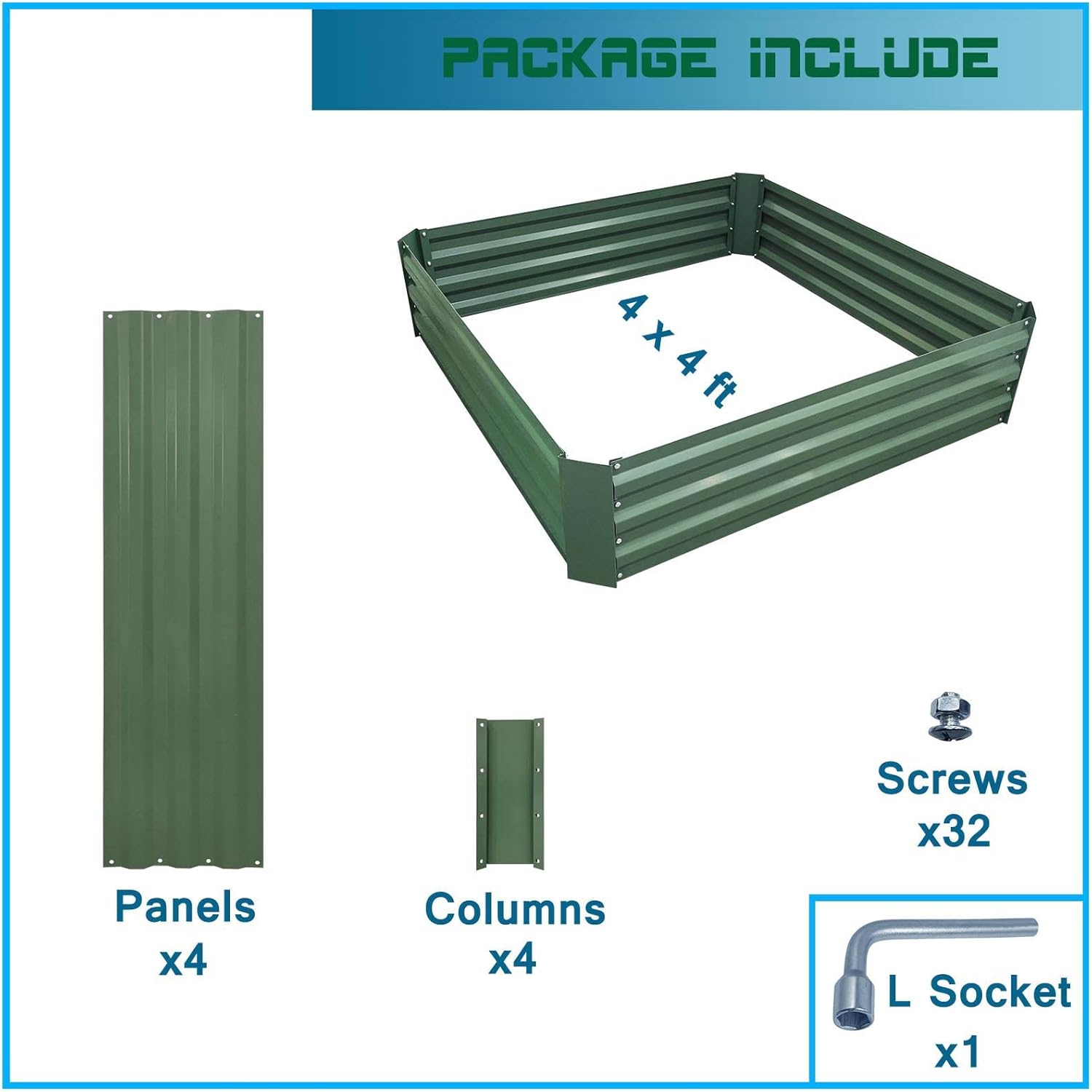 4x4x1ft Metal Raised Garden Bed Kit，Galvanized Garden Bed Box for Vegetables, Flowers, Herbs, and Succulents,120 Gallon Capacity - Green