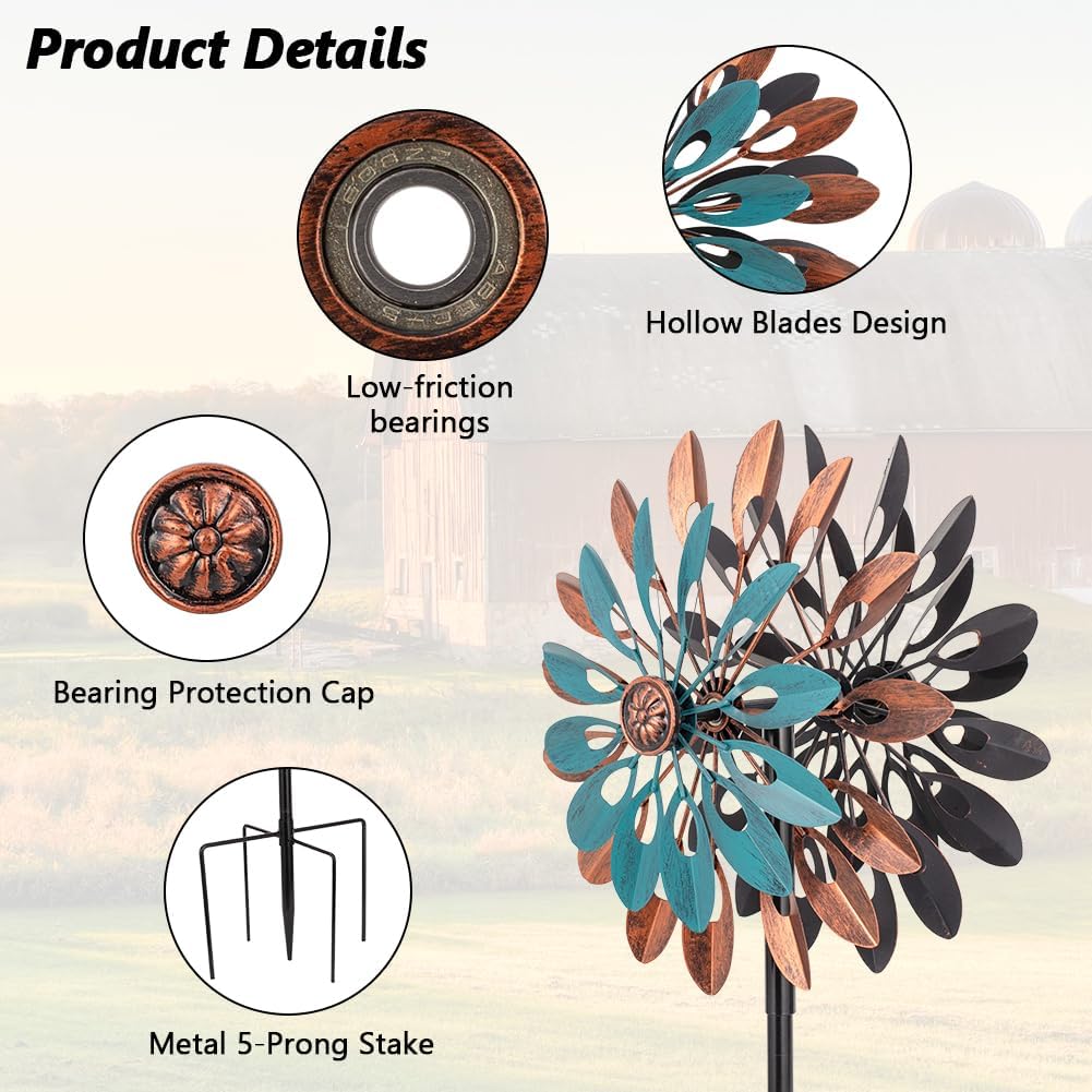 VEWOGARDEN 360° Outdoor Metal Wind Spinners Kinetic Wind Sculptures & Spinners for Yard Garden Lawn Patio Decorations, Blue & Bronze