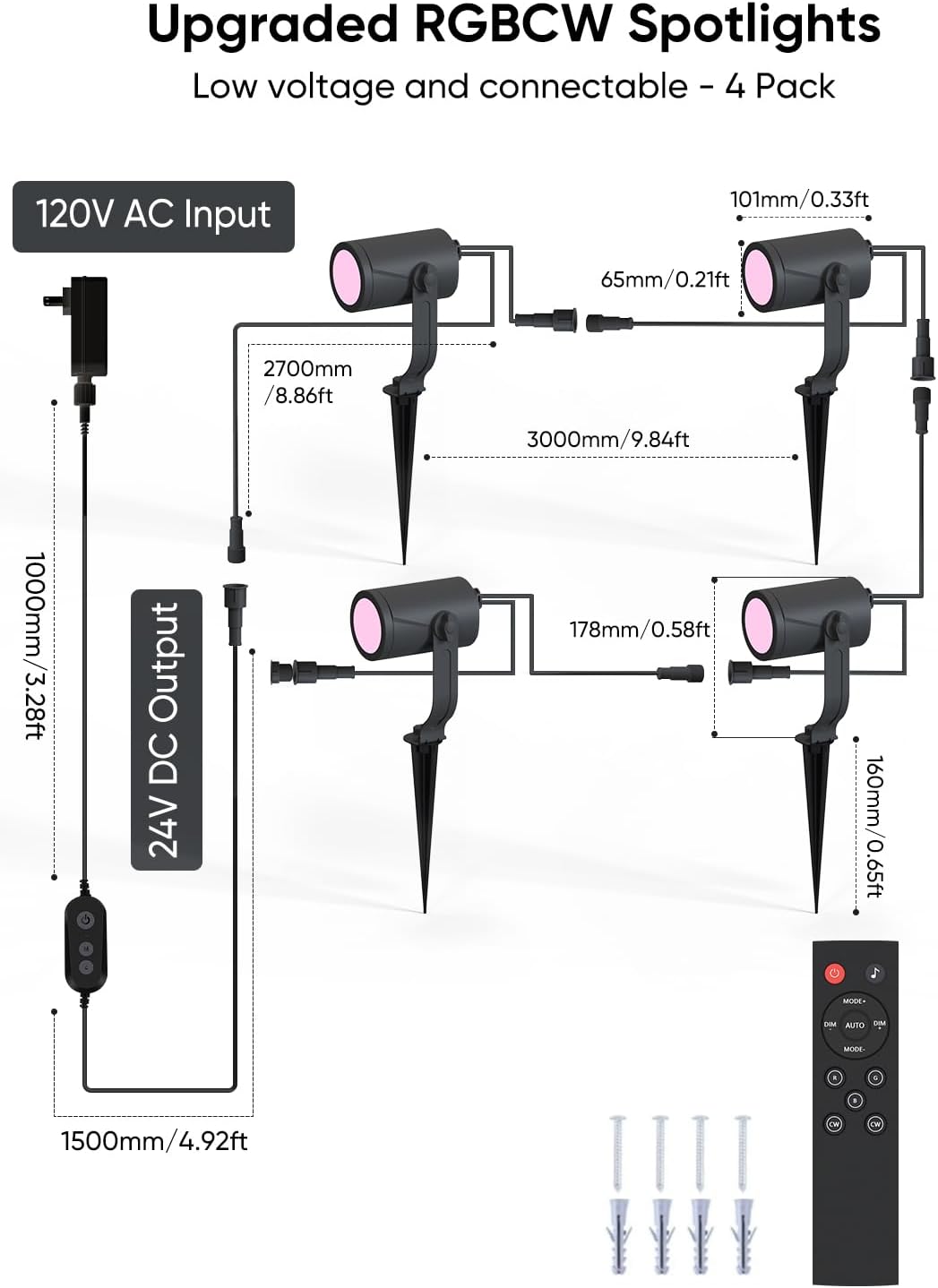 Smart Outdoor Spot Lights 24W, RGBCW Color Changing Landscape Lights 4 Pack, IP65 Waterproof Low Voltage Landscape Lighting, App/Voice/Remote Control, for Garden Yard Pathway Holiday Decor