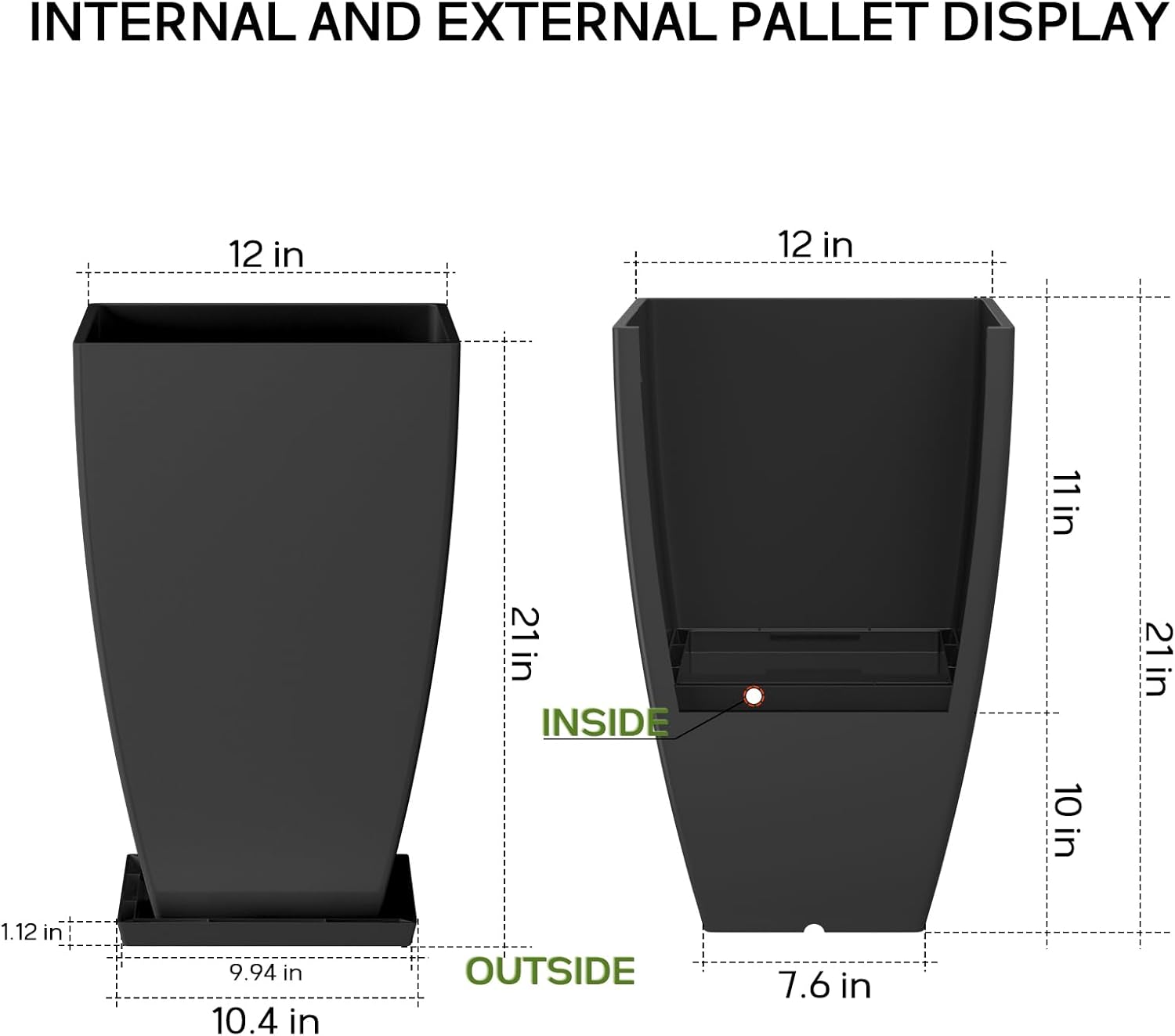 21" Tall Outdoor Planters Set of 2,Front Porch Planter Pots with Drainage Design Holes for Patio, Porch, Garden, Indoor,Black