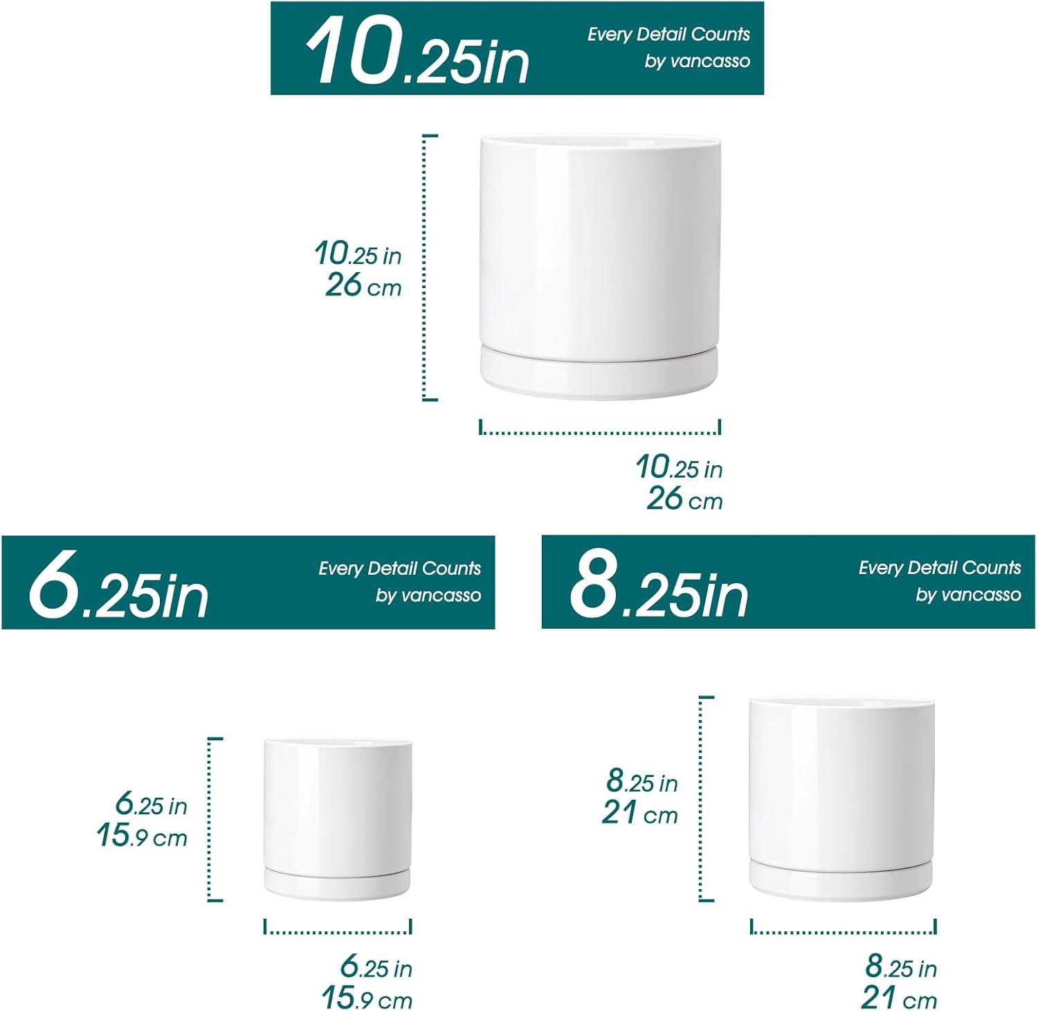 vancasso Ceramic Planters, Plant Pots for Indoor Plants, 6.25+8.25+10.25 Inch Ceramic Pots for Plants, Flower Pots with Drainage Holes, Planters Pot for Indoor House Plant, Set of 3, White