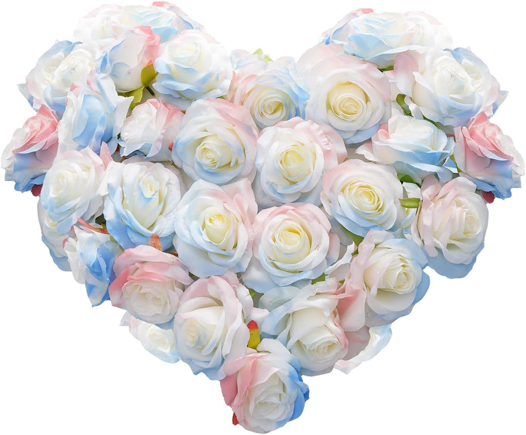 Pink Blue Mix Artificial Roses Fake Flowers Not Bend The Peduncle with Stems for DIY Wedding Bouquets Bridal Shower Centerpieces Arrangements Tables Decorations 24pcs