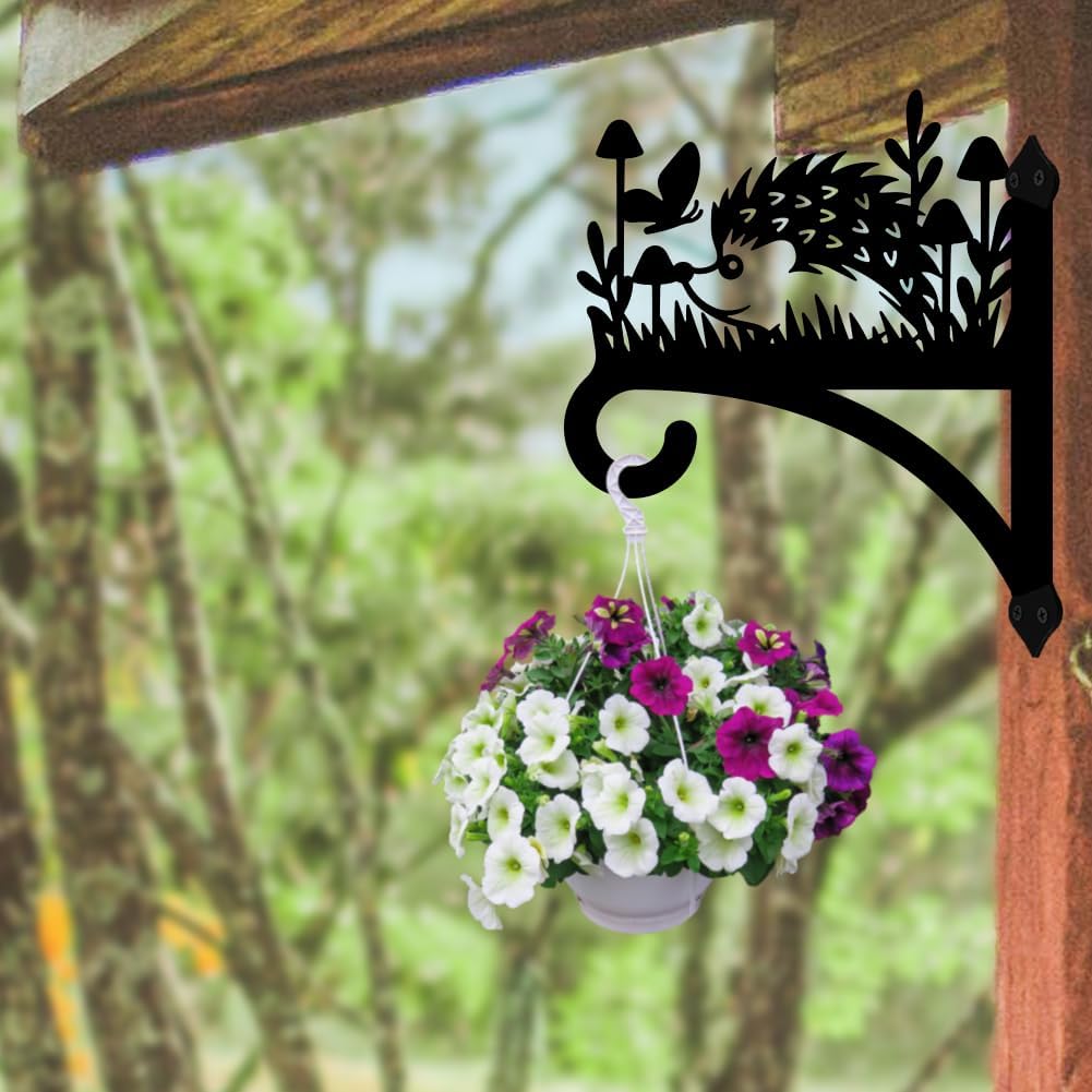peacoblue Iron Plant Hangers Hooks for Outdoor Indoor Hanging Plants Flower Fern Pots Lantern Bird Feeder Wind Chimes, 12”x14” Weather Resistant Metal Wall Holder for Porch Garden Farmhouse(Hedgehog)