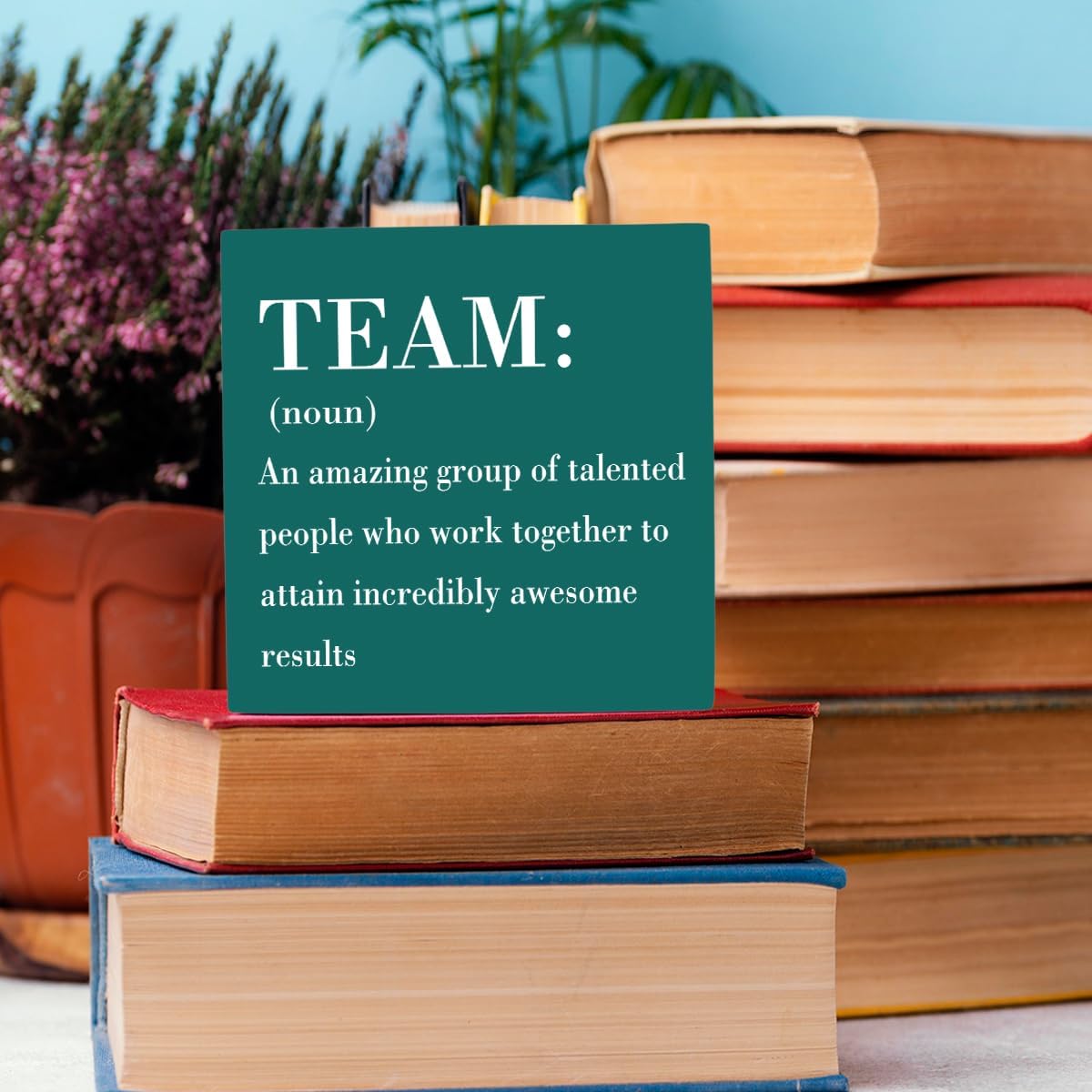 HTBIG Rustic Green Wooden Team Sign, Office Desk Decor