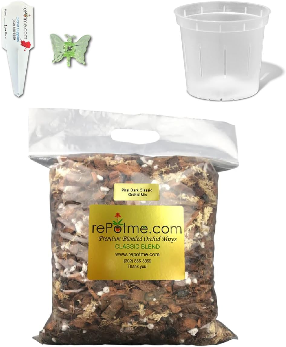 rePotme Orchid Starter Kit - Phalaenopsis Dark Classic - (Includes Orchid Potting Mix, Plus a 5 inch Orchid Pot, Flower Clip, and Plant Label)