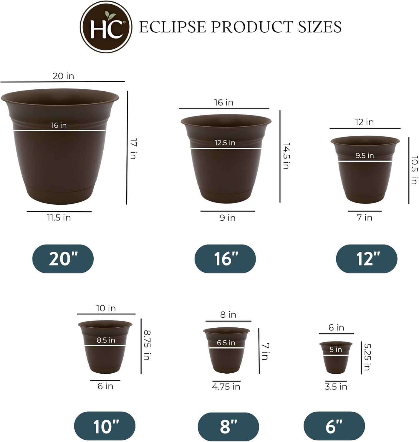The HC Companies Eclipse Round Planter with Saucer - Outdoor & Indoor Plant Pot with Drainage Holes - Lightweight, UV-Resistant Plastic Pots for Plants, Flowers & Herbs (10" Chocolate, Pack of 1)