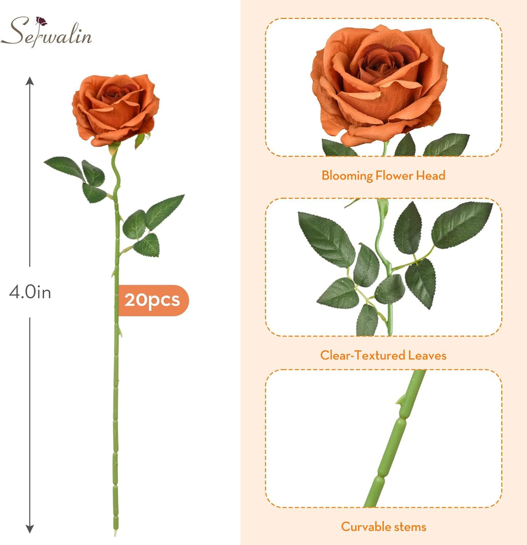 Serwalin 20pcs Artificial Burnt Orange Roses, 4'' Big Flower Head Fake Roses, Velvet Real Touch Roses, Silk Roses Long Stems for Home Decor Wedding Bouquet and Table Centerpiece
