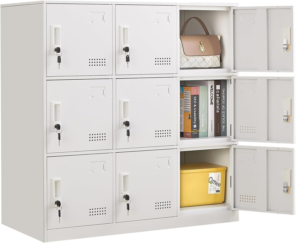 Student Locker Organizer, Multi-Door Steel Locker, Small Locking Cabinet Storage Organizer, Office File Cabinet, Home Locker, Gym Locker, Metal Storage Locker - Gray and White (9 Door, White)