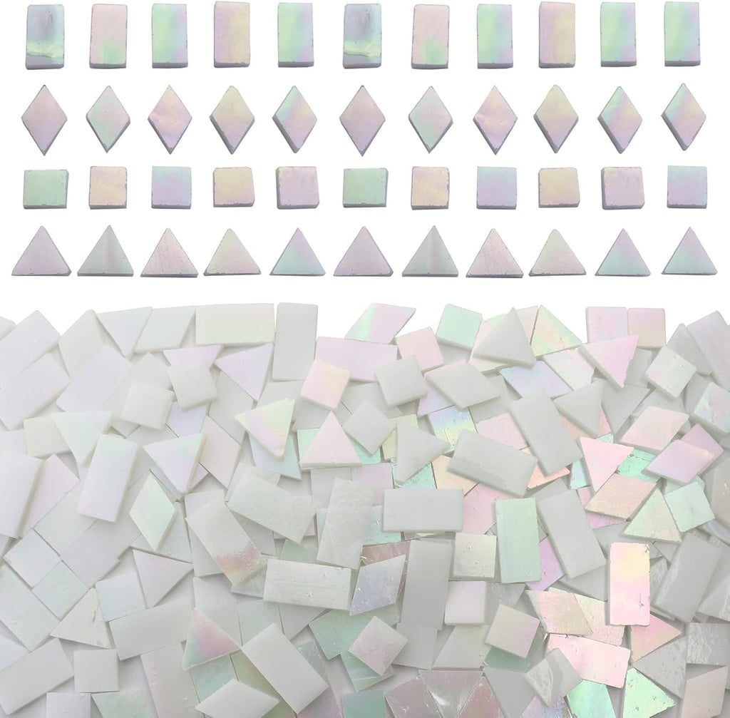 Iridescent White Glass Mosaic Tiles for Crafts, 280 Pcs Mixed 4 Shapes Stained Glass Sheets, Mosaic Kit for Adults Kids, Supplies for Mosaics