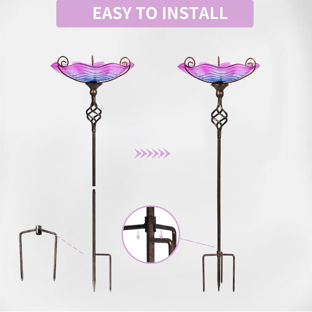 MUMTOP 31 Inch Height Glass Birdbaths, Outdoor Bird Bath Birdfeeder with Metal Stake Garden Yard Outside, Purple