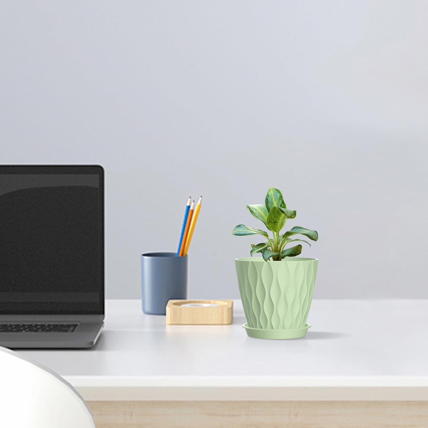 4 inch Small Plastic Nursery Pots, 5 Pack Water Ripples Plant Pots for Indoor Plants, Flower Pots with Drainage Holes and Saucers, Seeding Starter Planters for Decorative, Green