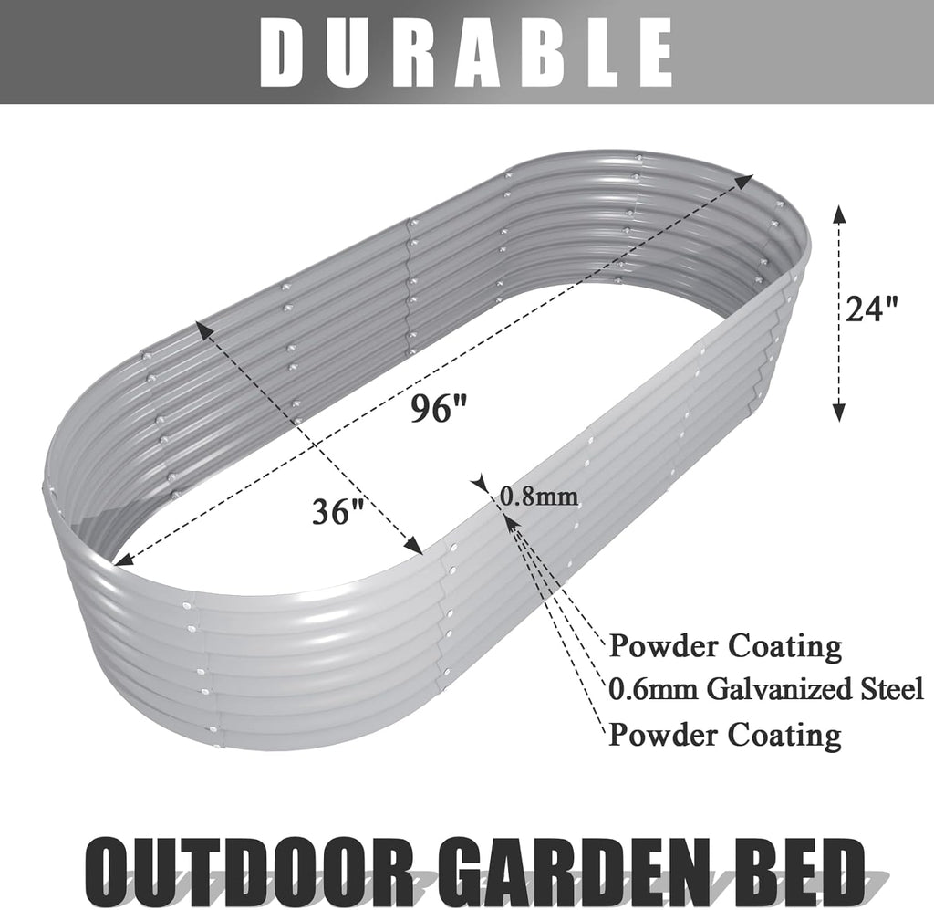 4 Pack 8x3x2FT Galvanized Raised Garden Bed Kit Oval Metal Ground Planter Box Outdoor Bottomless Planter Raised Beds for Vegetables Flowers Herbs Fruits, Gray