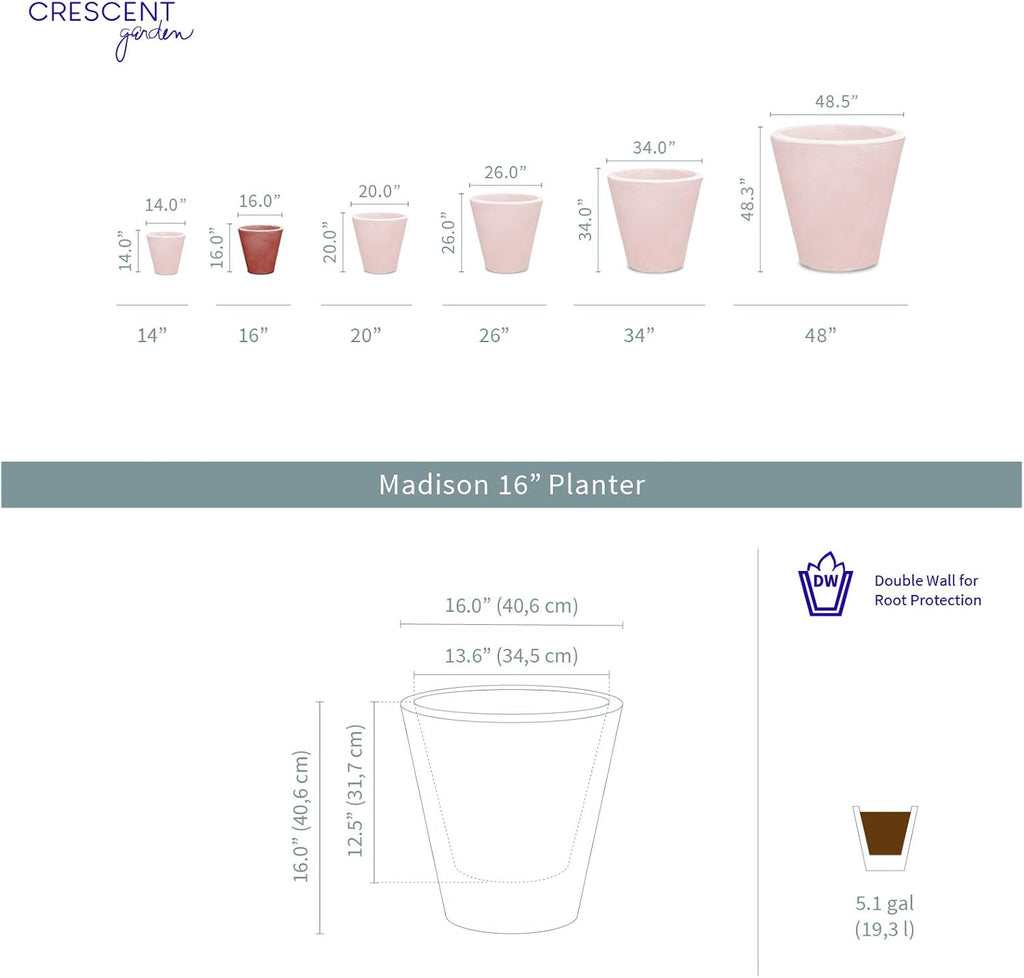 Crescent Garden Madison Planter– Weather-Resistant, Double Walled Indoor/Outdoor Plant Pot with Drain Hole – Durable All-Season Flower Container, 16" W (Slate)