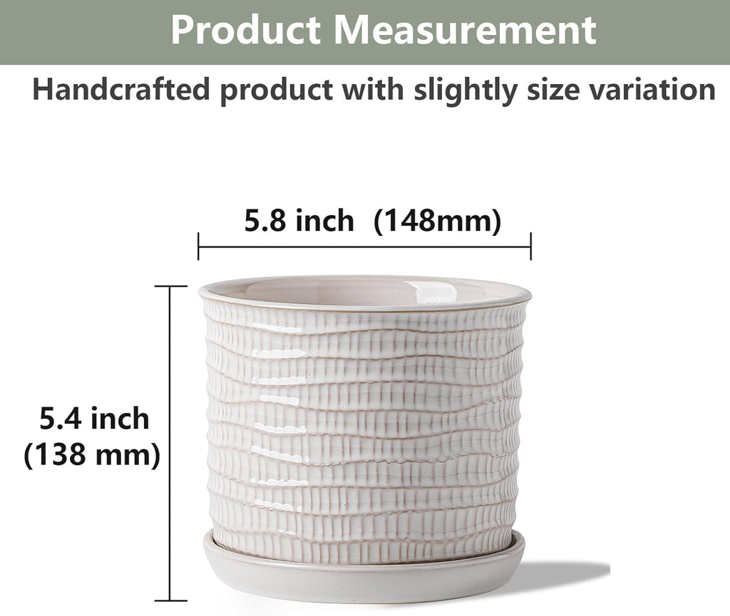 5.8 Inch Plant Pot: Ceramic Planter with Drainage Hole & Saucer for Indoor Outdoor Plants - Flowerpot with Bonded Tray for Home Office - Wave Embossed