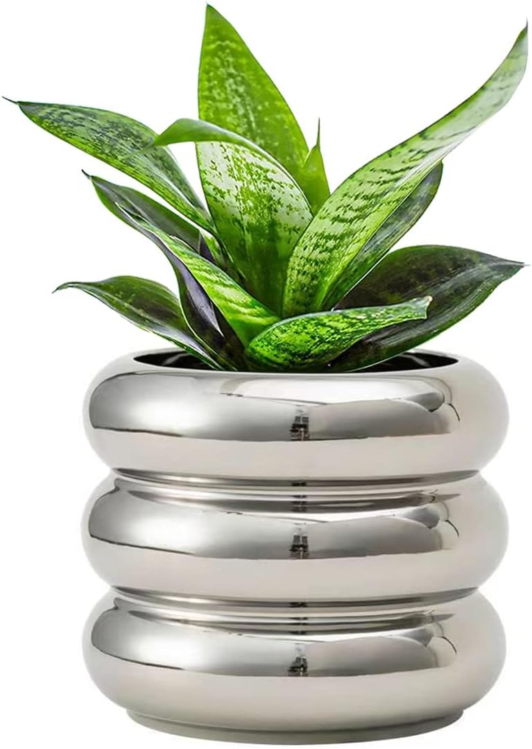Ceramic Plant Pot Indoor, 4.7 Inch Flower Pot with Drainage Hole, Small Bubble Design Ceramic Planter for Home & Office Decor (Silver)