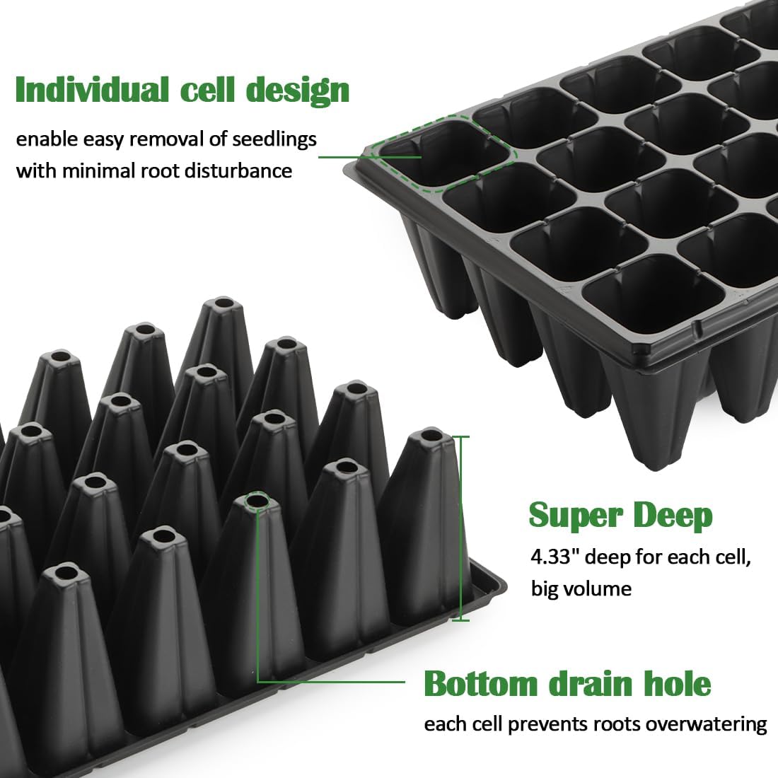 10 Pack 32 Cell Seed Starter Trays - Extra Deep 4.33" Plastic Nursery Trays, 20" x 10"，Fits Standard 1020 Flats