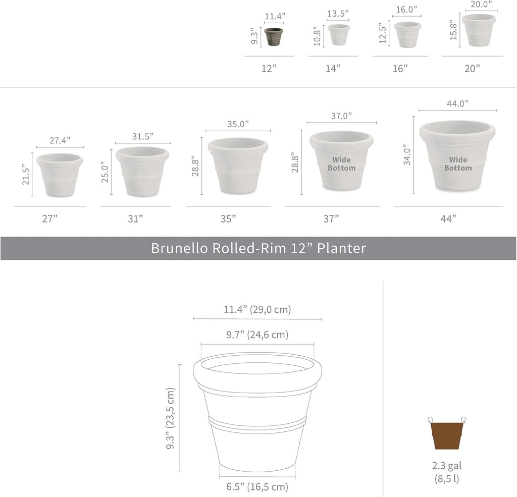 Crescent Garden Brunello Classic Rolled Rim Planter Pot, Indoor/Outdoor Weather-Safe Round Plant Pot, Small Plastic Houseplant Pot - 12'' W (Rust)