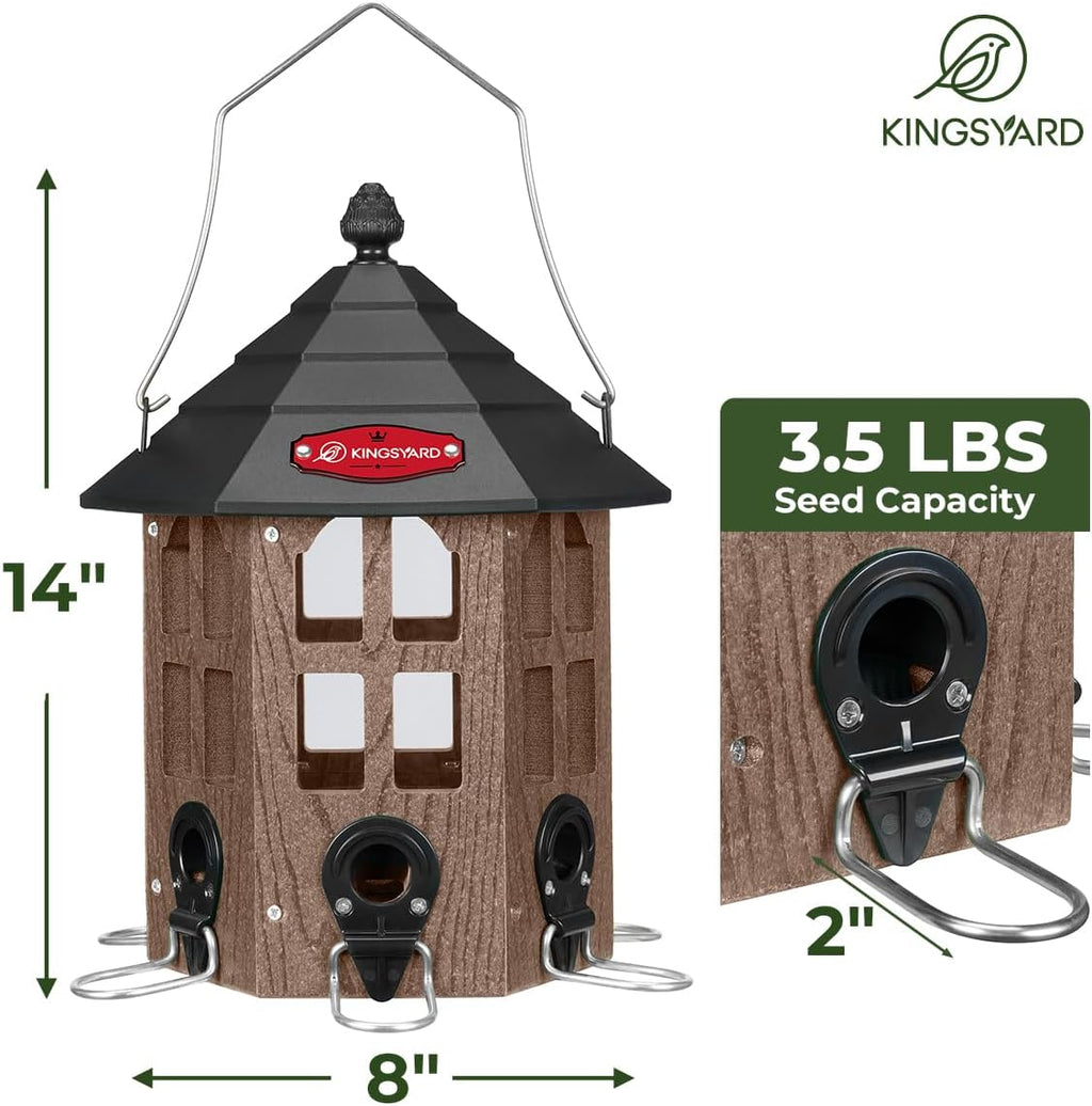 Kingsyard Wild Bird Feeder for Outdoor Hanging, Recycled Plastic Bird Feeders with 6 Ports & U-Shape Perch, Garden Yard Outside Decoration, 3.5 lbs Seed Capacity, Brown