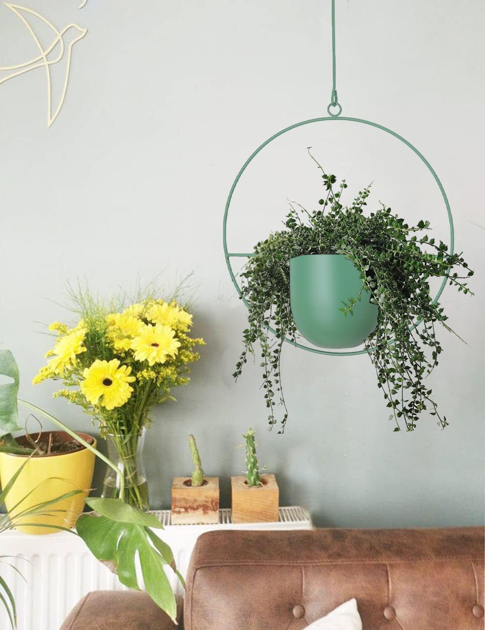 Metal Hanging Planter for Indoor Outdoor Plants Wall and Ceiling Hanging Basket for Vines Ferns Modern Minimalist Plant Hanger Room Window Decor(Green)
