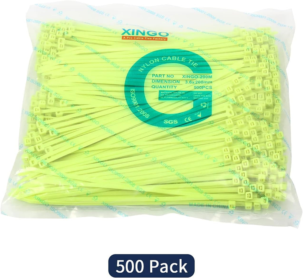 XINGO 8 Inch Cable Zip Ties (500 Pack), 40 Lbs Tensile Strength-Heavy Duty, Self-Locking Nylon Plastic Nylon Wire Ties for indoor and outdoor use(Apple Green)
