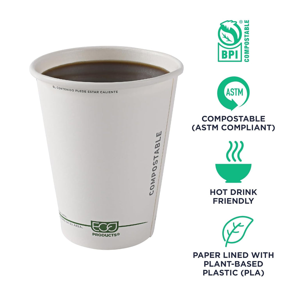 ECO PRODUCTS Compostable Disposable GreenStripe 12oz Coffee Cups, Pack of 50, White Single Wall Hot Paper Cup, Plant Based PLA Lining, Biodegradable