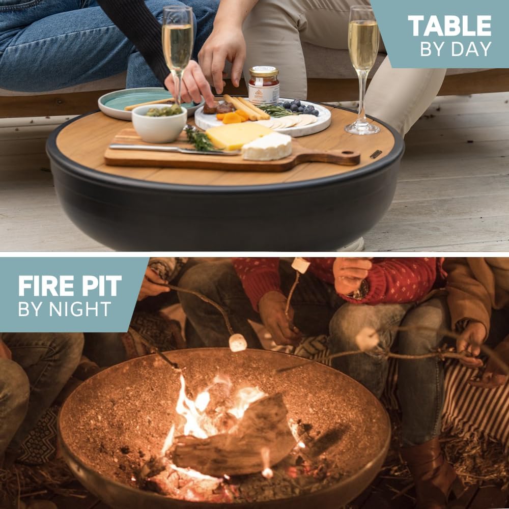 Iron Fire Pit Table with Lid, Extra Thick and Heavy Duty Fire Bowl, Deep Round Firepit for Outdoor Bonfire Gatherings, Wood Burning Firepits for Outside Patio, Modern Outdoor Fire Pits
