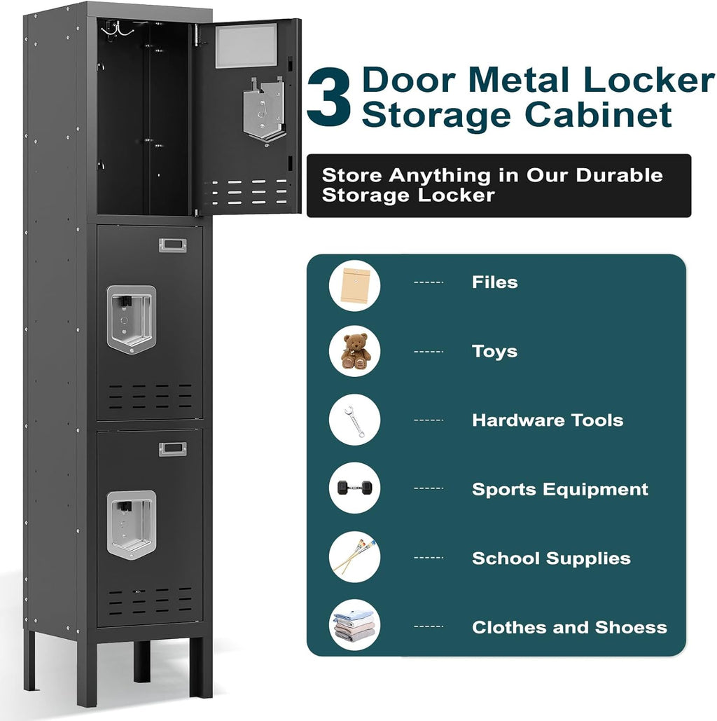 Metal Lockers - 66" Height Steel Lockers for Employees with 3 Door Storage Locker with Card Slot for Employees Gym School Home Office Garage - Assembly Required