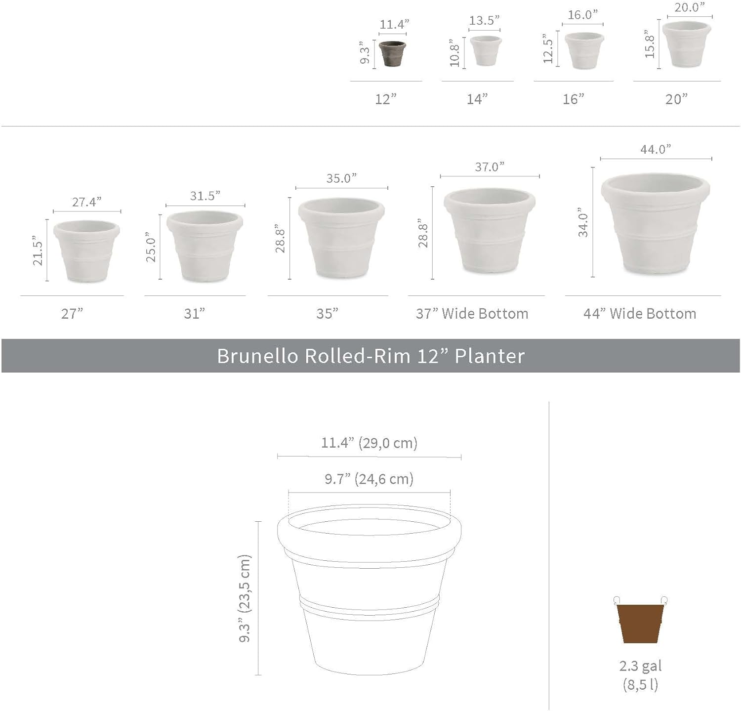 Crescent Garden Brunello Planter, Classic Rolled-Rim Plant Pot, Plastic Indoor-Outdoor Planter, 12-Inch (Weathered Concrete-Color)