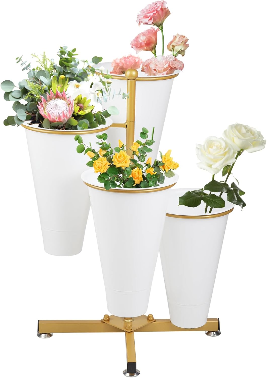 Flower Display Stand with 4 Bucket,Floral Stand with Foldable Frame for Silk Fresh Flowers,4 Tier Florist Shelf Plant Cart for flower shop Garden Living Room,Easy to Install (Gold Shelf+ White Bucket)