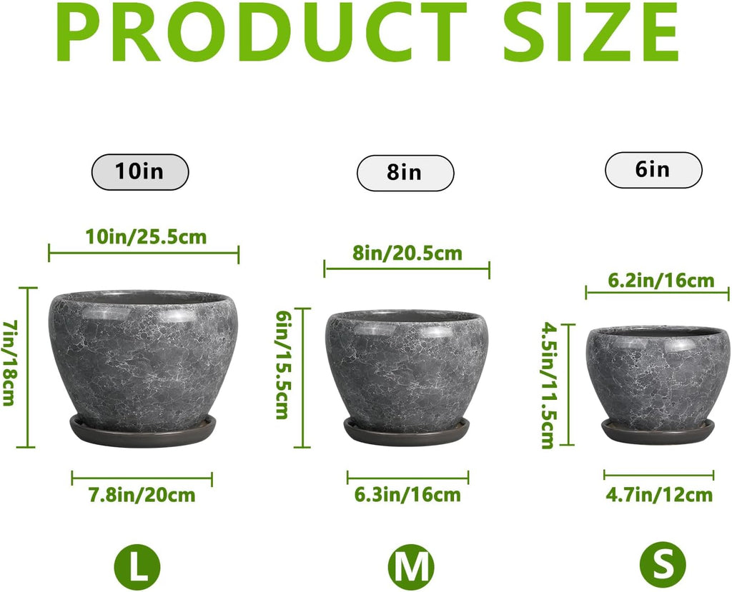Ceramic Planters - 10 Inch 8 Inch 6 Inch Round Decorative Plant Pots with Drainage Holes and Saucers for Indoor Outdoor Flower, Room Home Apartment Decor, Gift for Women Men, Set of 3, Grey